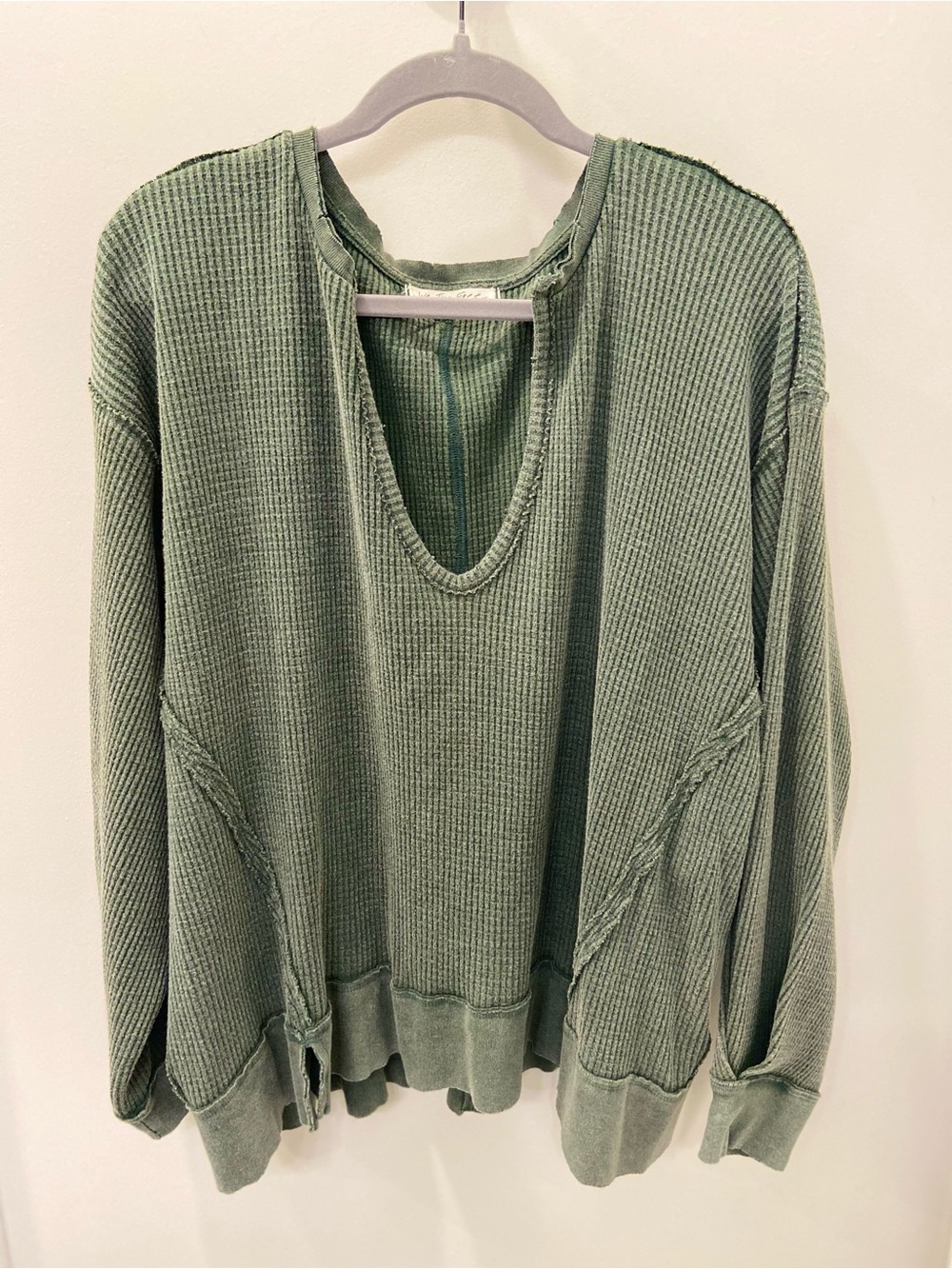 We The Free Olive Green Waffle V-Neck Pullover